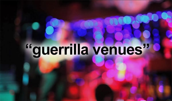 Colorful graphic with the words Guerrilla Venues