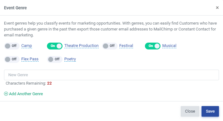 Screen where admins can add Event genres