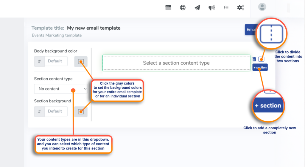 A preview of the ThunderTix mass email template builder to add sections onto a custom email.