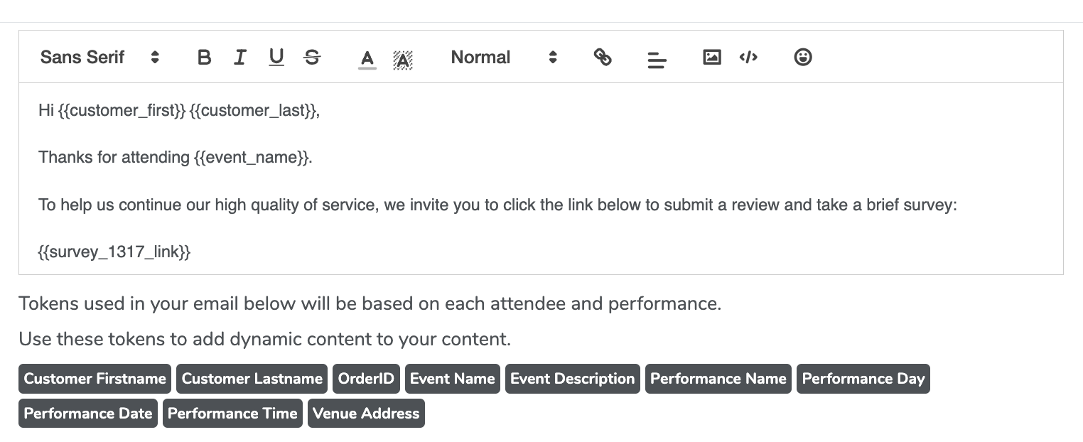A sample of the post-event email content, survey and editor along with the available tokens to embed into the body.