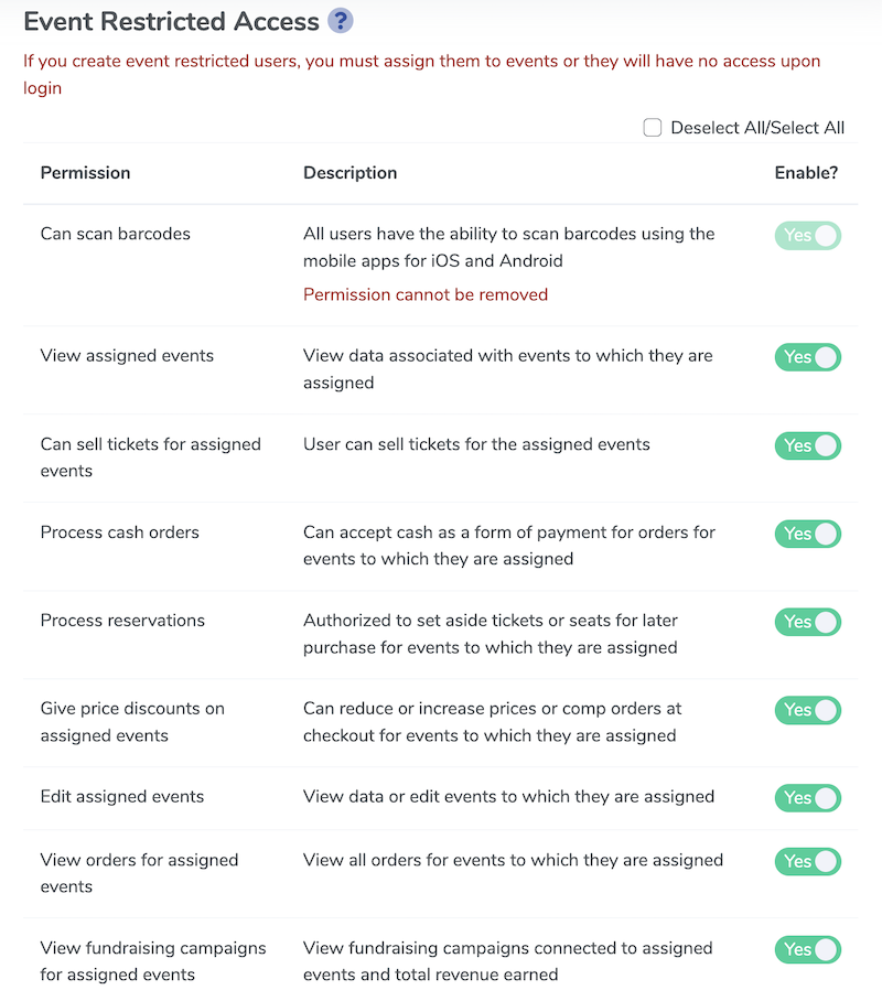 A screenshot of the various user permissions available for an event restricted user in ThunderTix.