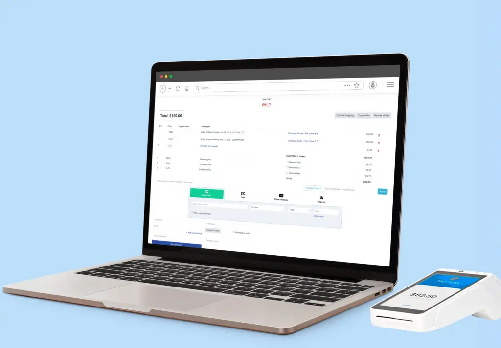 ThunderTix box office ticketing software shown on a laptop. The image shows the ThunderTix checkout page with a connected Square Terminal.