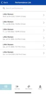 List of performances to purchase tickets for on the ThunderTix app.
