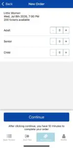 Ticket Quantity Screen in ThunderTix