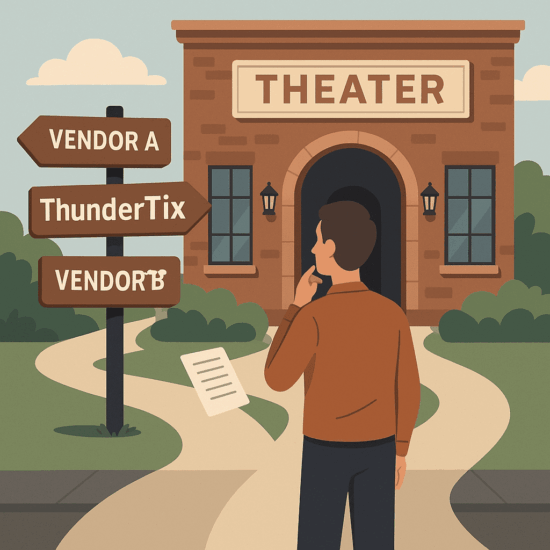 An image that demonstrate a theater director trying to decide how to choose an online ticketing software.