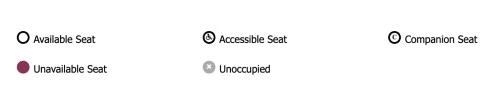 Seat Legend on an assigned seating chart that depicts Available Seats, Accessible Seats, Companion Seats, Unavailable Seats, and Unoccupied seats,