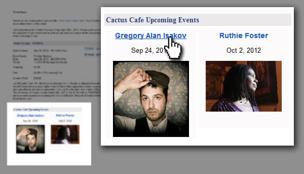 The custom event email shows other upcoming events inspiring more ticket sales