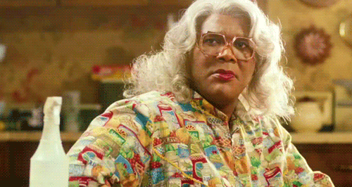 Animated GIF of Tyler Perry as Madea in mock disgust of ticket fees