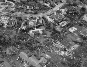 aerial photo showing hurricane damage to homes
