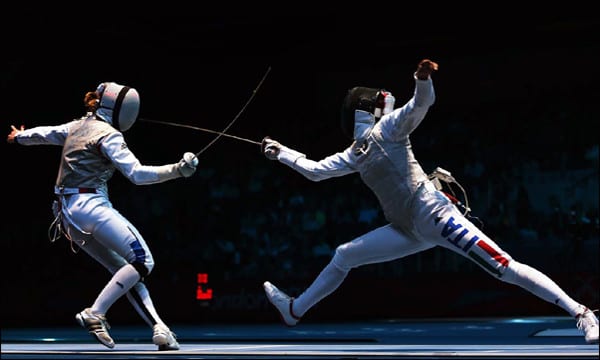 Two people fencing - Symbolizes the battle over selling paperless tickets