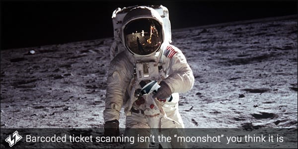 An astronaut holding a barcode ticket scanner