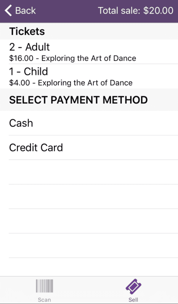 Select Cash or Card on the ticket sales App