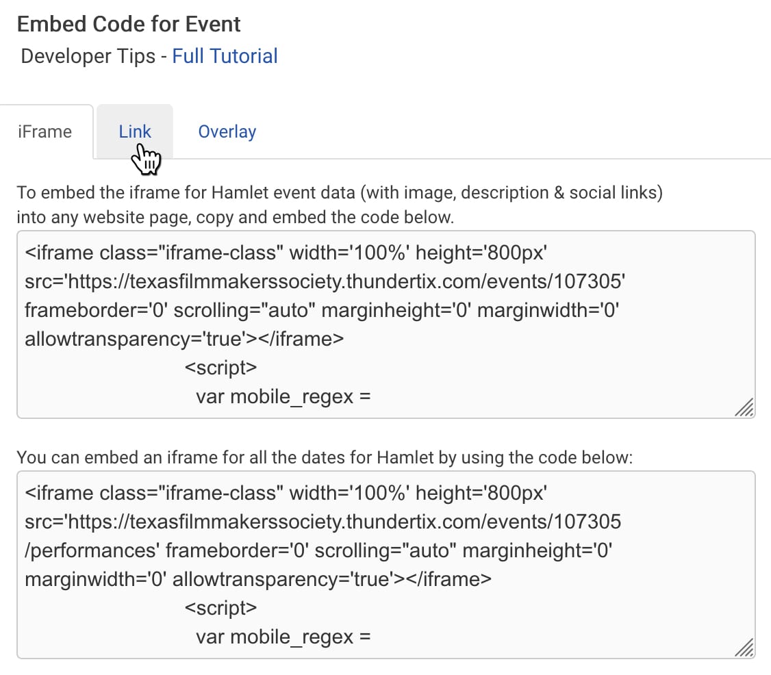 Event embed code options