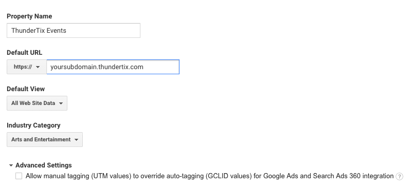 Google Analytics Property Settings for ThunderTix
