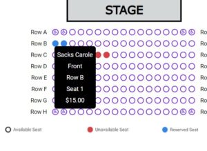 Rows of reserved seats in front of stage showing purchaser name next to the purchased seat