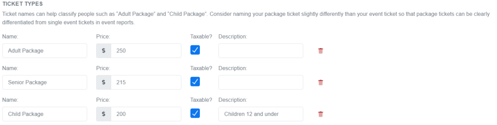 Create package ticket types