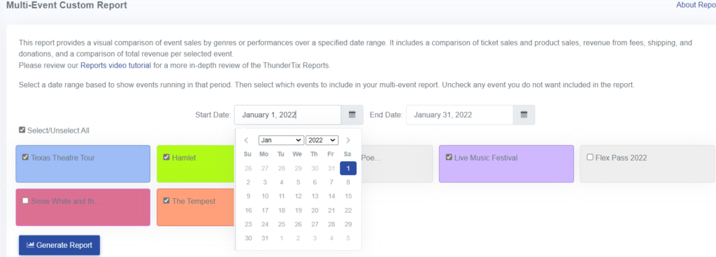 Select starting date for Multi Event report