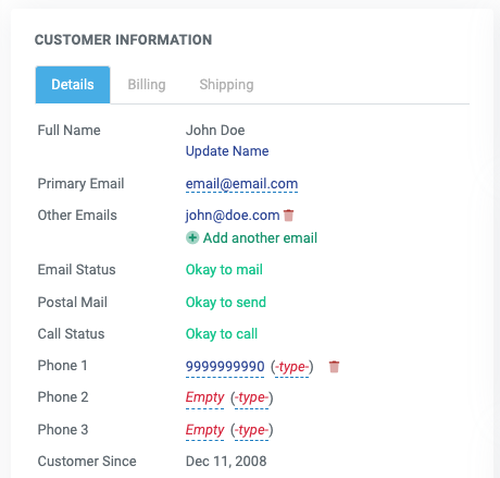 Customer record in the customer database