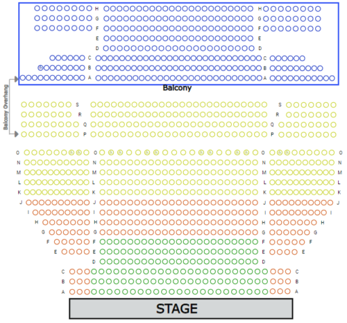 Theater seating chart with an orchestra and balcony overhang