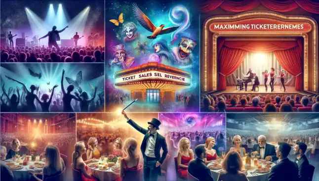 Illustration showing various venue types such as concerts, performing arts, magic shows, and dinner theaters.