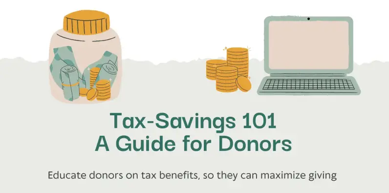 Jar of coins and a laptop with the words, "Tax savings 101 for Donors"