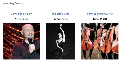 Screengrab/example of what the Advertisement component of the confirmation email will look like. There are three images to represent the three upcoming events- Comedian Bill Burr, The Black Swan, and and Famous String Quartet. 