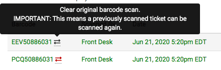 An example of the message a user will receive if they hover over the barcode, providing them with instructions on how to unscan or reset a barcode.