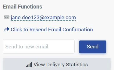 Email Functions section in Order Summary. Here users can view delivery statistics, update the customer's email, resend the email confirmation, and send the email confirmation to a new email address.