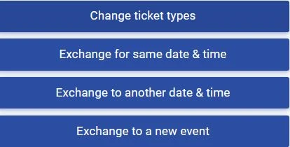 Menu of options to choose from after clicking 'Initiate Exchange' in the the Order Summary. A user can select from change ticket types, exchange for the same date & time, exchange to another date & time, and, exchange to a new event.