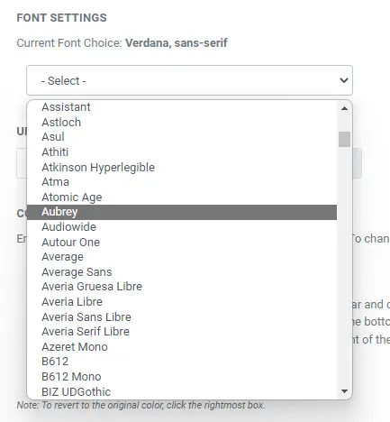Screengrab of the font settings with a drop down menu of fonts to choose from.