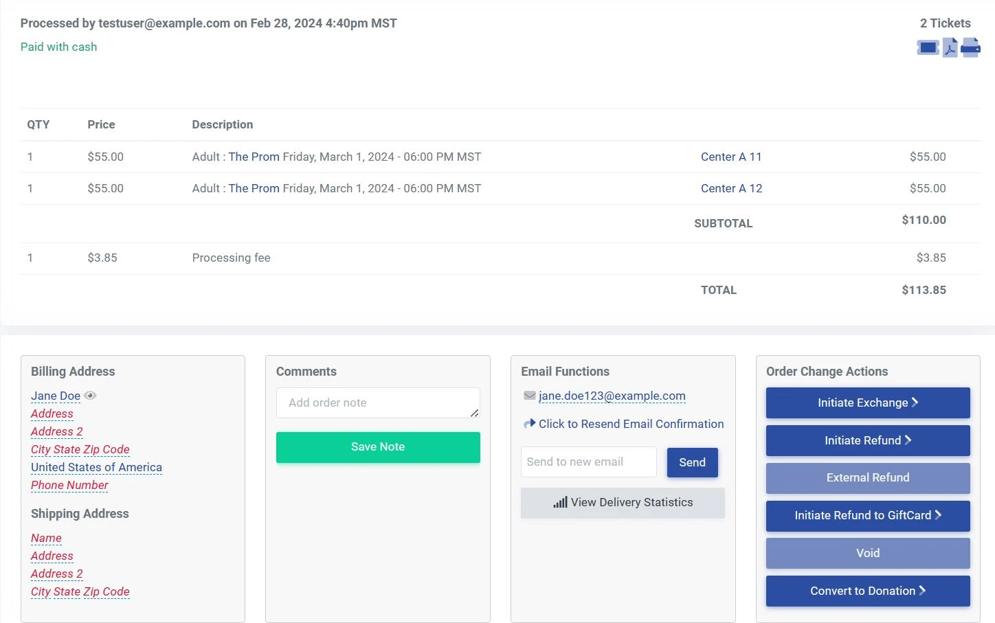 Order Summary tab in ThunderTix. The ticket quantity, prices, and description along with the Billing/Shipping Address, comments, email functions, and order change actions can be found in the Order Summary. One can also print/reprint tickets in the Order Summary as well as view the payment method and the user who processed the order in the Order Summary.