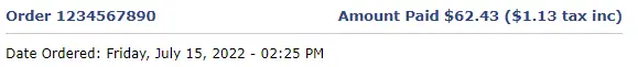 Screengrab of an order that includes the order date, amount paid, and order ID.