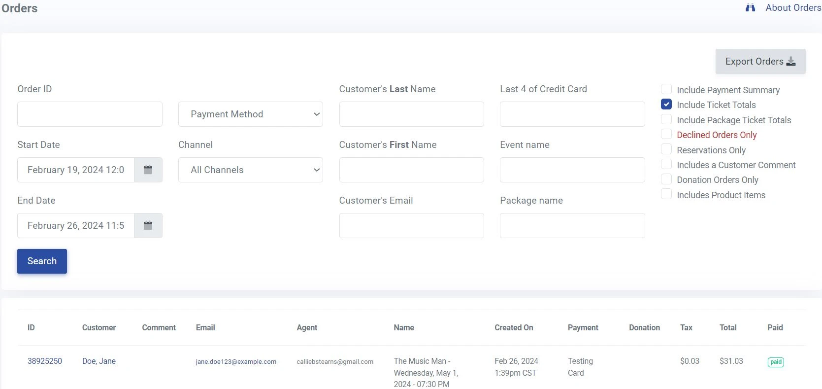 Screengrab of the Orders tab in ThunderTix. Here you can search for an order by the Order ID, the Start and End date for the date range you'd like to search for, the payment method, the channel, the Customer's First or Last Name, The customer's email address, the last four digits of the credit card, Event Name and Package Name. There is a button to the right that says Export Orders, where a user can export a list of orders found based on their search criteria. Below that are check boxes for what a user can include in the report- Payment Summary, Ticket Totals Package Ticket Totals, Declined Orders ,Reservations, if the order Includes a Customer Comment, Donation Orders, and orders that 
Include Product Items.