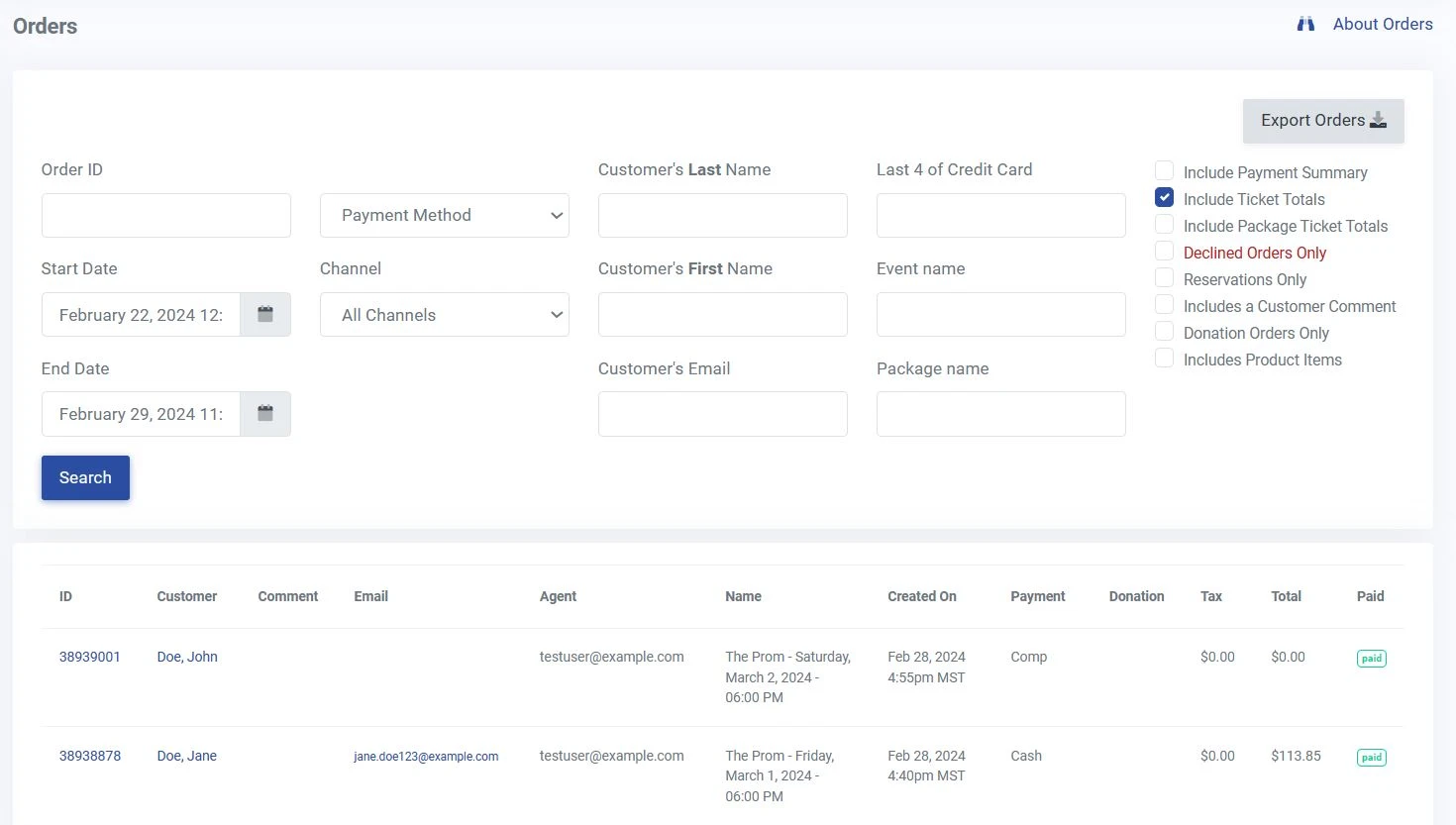 Orders Tab in ThunderTix. All recent orders will be displayed at the bottom. When you click on the Order ID, you will be taken to the Order Summary page. Here you can search for an order based on Order ID, start and end date, payment method, customer's first and last name, customer's email, the last four digits of the credit card, the event name, and the package name. There is also an option to export orders and a checklist of what you can include/exclude from a search.