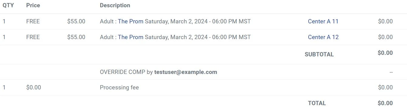 The Override Comp function is a result of a ThunderTix user selecting the 'Comp Order' button when processing an order. In the Order Summary, the words "Override Comp" are displayed along with who processed the order. This function zeroes out the total owed in the Order Summary.