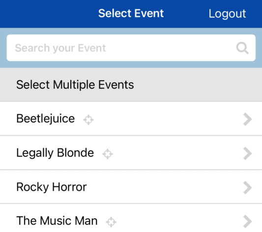 Select Event screen in the ThunderTix app for scanning tickets.