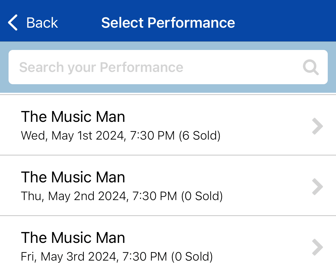 Select performance showtime on mobile app.