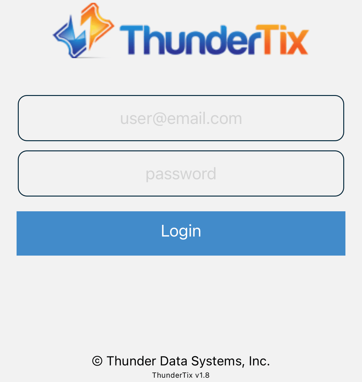 Login screen for ThunderTix app