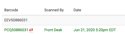 Top barcode is black with no arrows, indicating that it has been 'unscanned'. The bottom is a green barcode that has been successfully scanned.