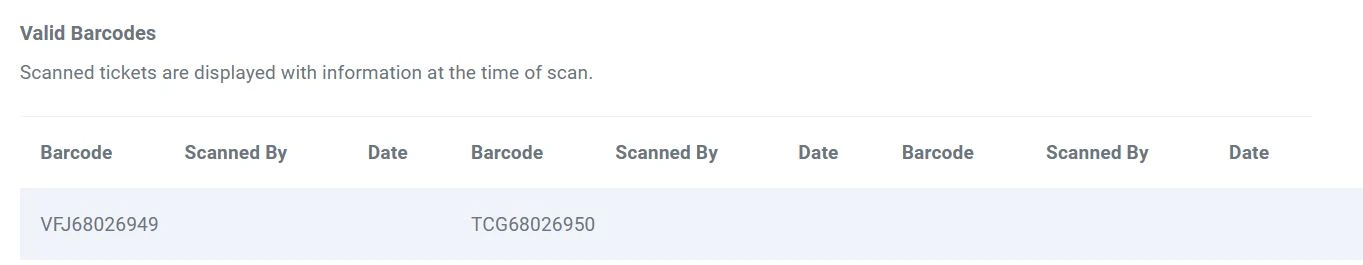 Valid Barcodes displayed at the bottom of the Order Summary page. Here one can see the barcode name, if the barcode was scanned, when the barcode was scanned, and, how the barcode was scanned.