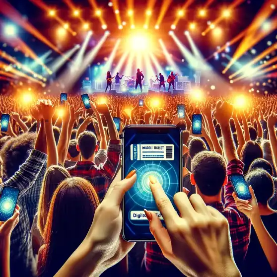 Illustration of a band performing at a concert venue with a user holding up their phone displaying a ticket