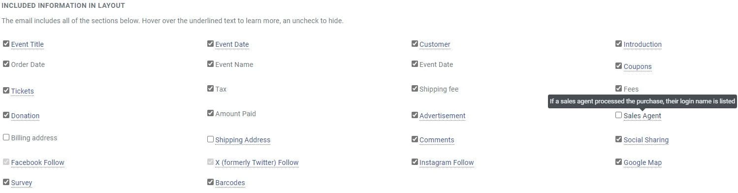Screengrab of all the information a venue admin can include or exclude in the confirmation email.