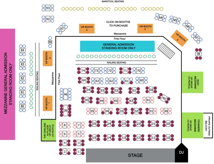 theater seating layout with booths, chairs, seating and stage displayed