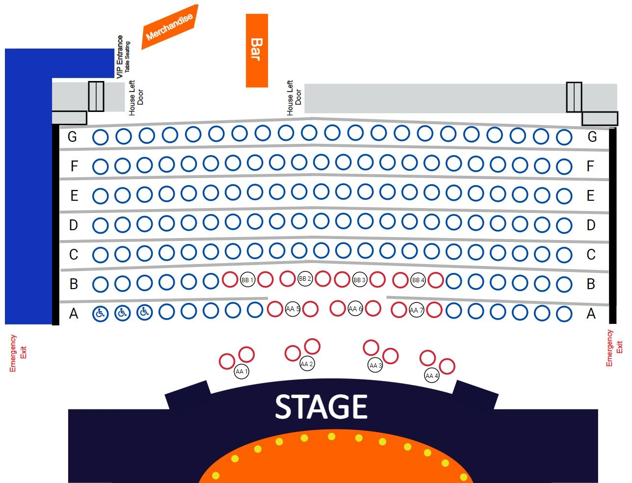 Layout of a venue using ThunderTix reserved seating software that includes booths, tables, entrances and exits, and a bar. 