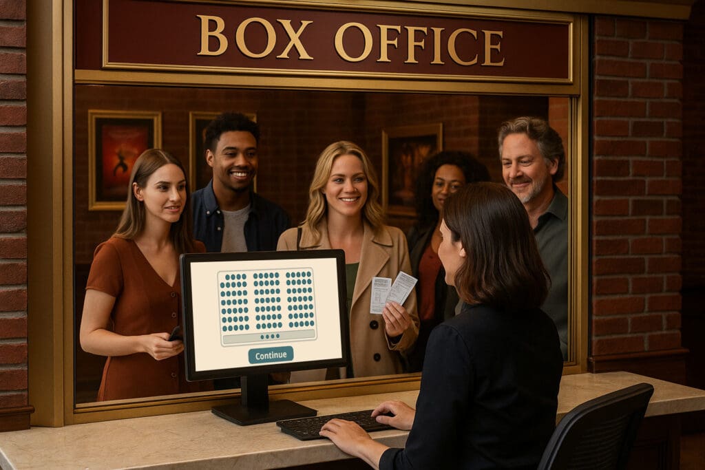 A woman working at a theatre box office using her theatre ticketing software on a computer to find seats for patrons trying to purchase tickets.