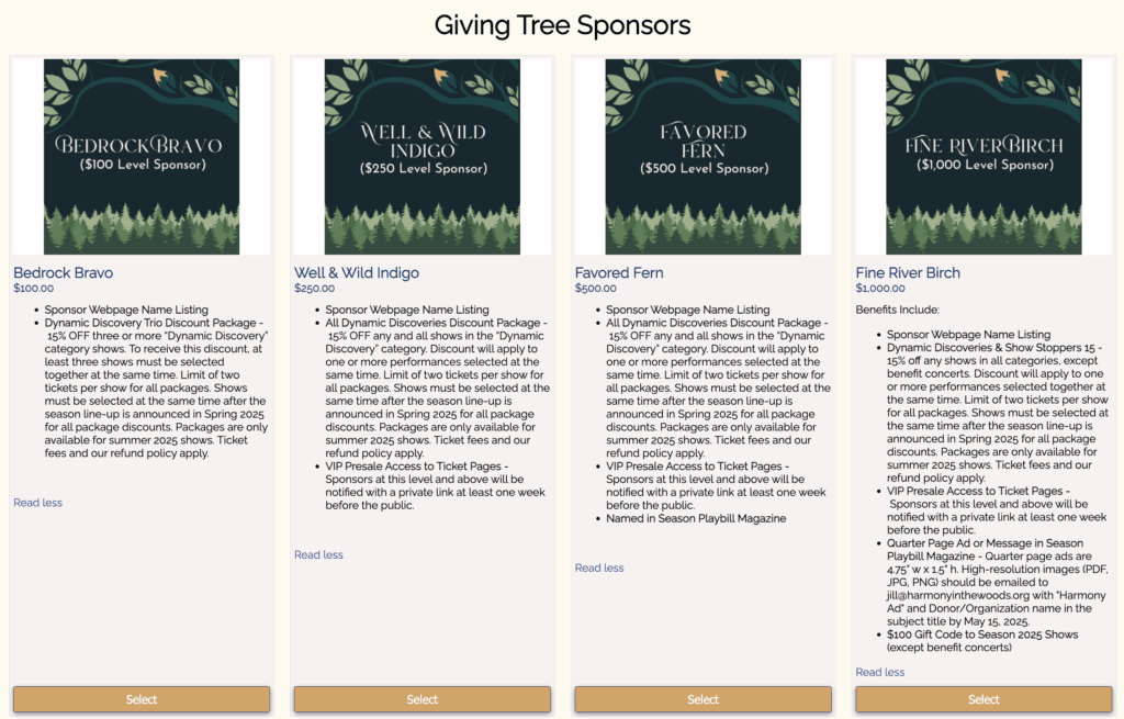 A screenshot of an organization using ThunderTix to sell their Giving Tree memberships. It shows an image and description for each membership level and price along with an extensive list of benefits tied to each level.