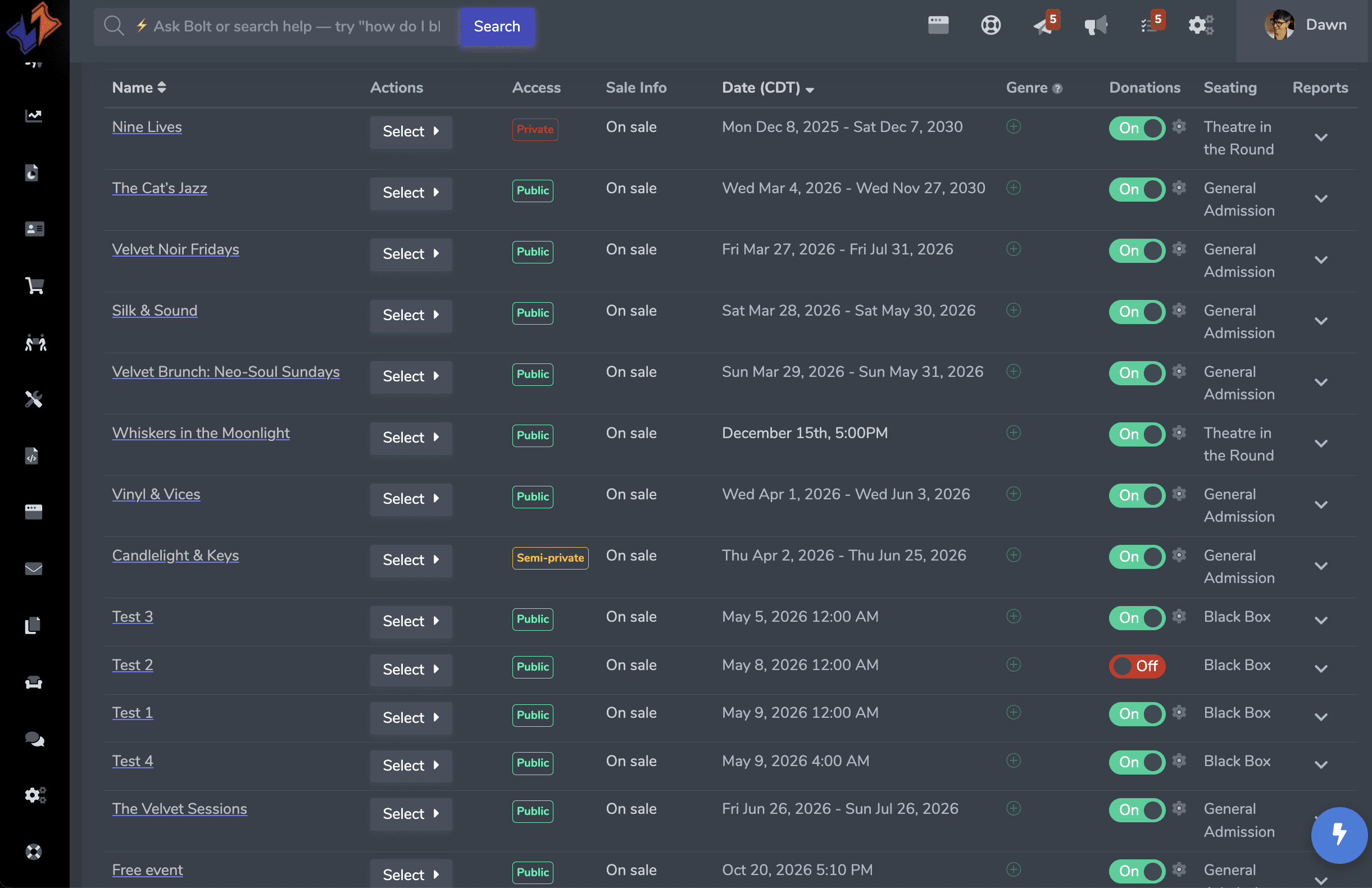 ThunderTix view of upcoming events