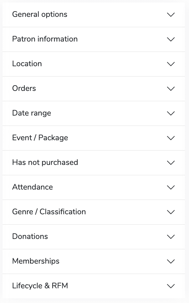 ThunderTix CRM advanced search showing twelve filter categories including Lifecycle and RFM
