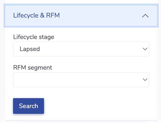 ThunderTix CRM search panel filtering the patron database by Lifecycle stage (Lapsed) and RFM segment